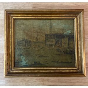 Vintage Canaletto Venice Print on Canvas in Gold Frame 1940s-60s 13x11